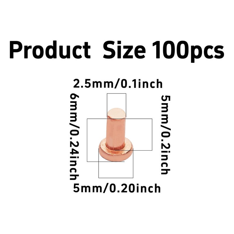 VIRELLO 100Pcs M2.5x5mm Flat Head Copper Solid Rivets for Electrical Applications, Leather Working, Belts, Wallets and Repairs - Image 2